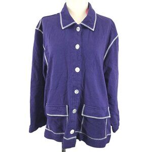 Vintage Women's EVR Blouse Jacket Navy Blue Large 100% Cotton Pockets Buttons